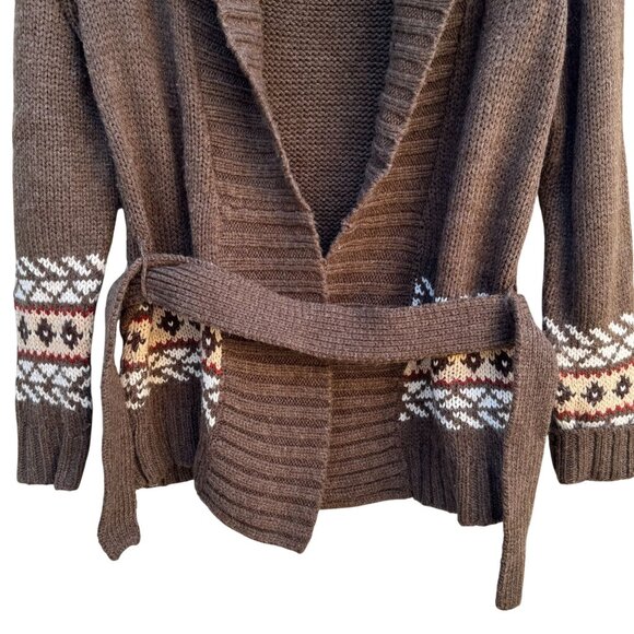 St Johns Bay Womens Shawl Collar Brown Fair Isle Knit Belted Cardigan Sweater PM - Picture 7 of 10